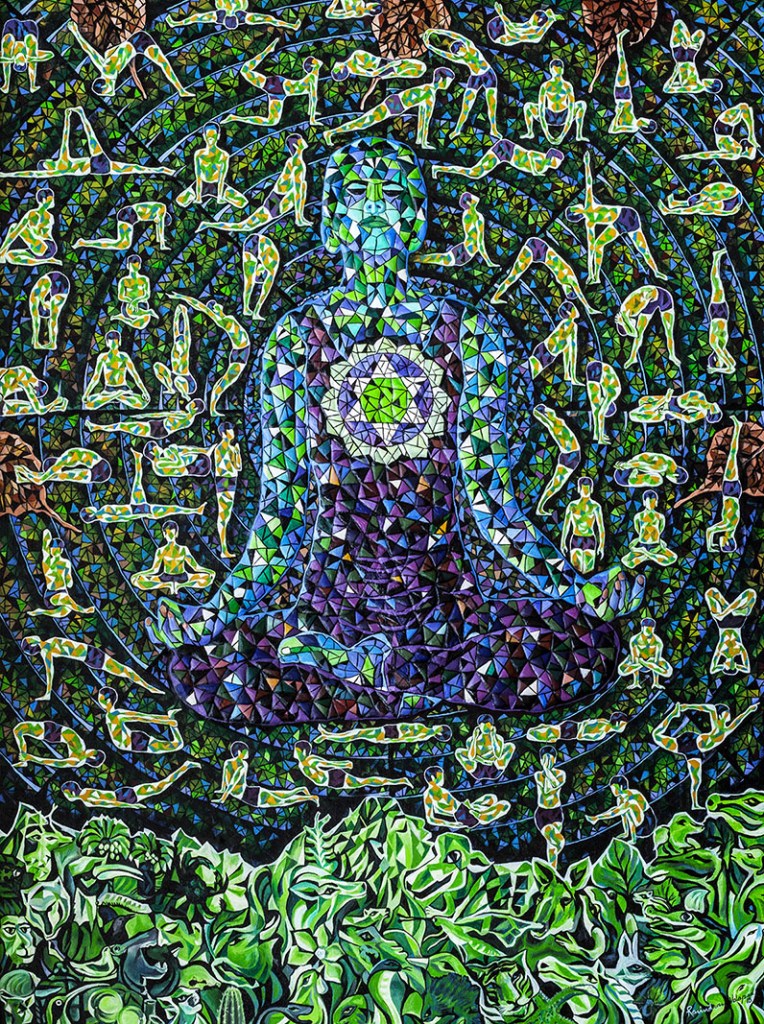 An Acrylic and copper sheet composite painting by Raveendran Valapad of a female figure seated in a pranayama yoga posture. The central motif is surrounded by other yoga postures, all in harmony with green and blue colors. This work of art celebrates and promotes India's rich yoga culture.