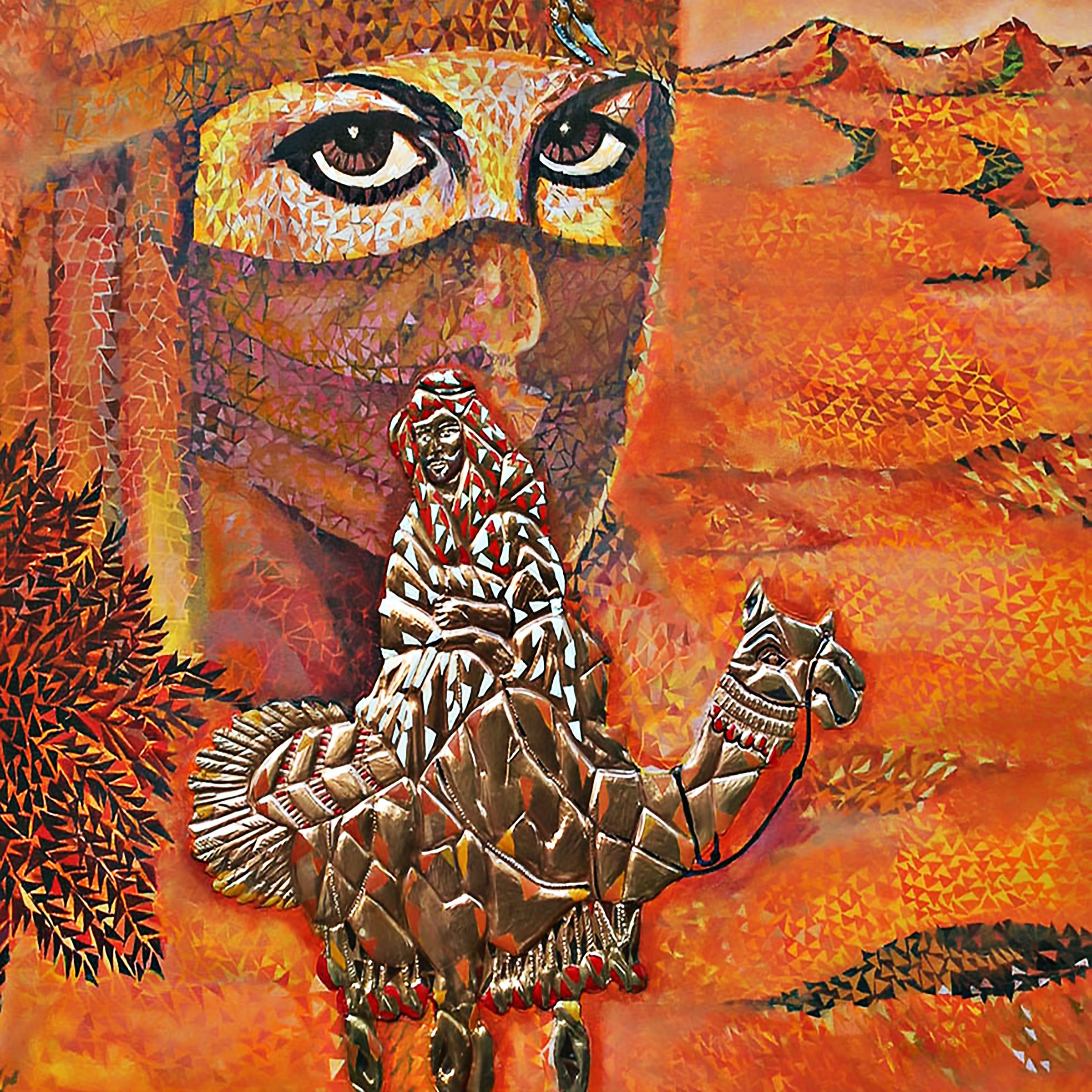 An acrylic painting titled "Eyes of the Desert" by Ravindran Valappad features the face of a woman wearing a hijab, an Arab riding a camel, and a hawk flying in the sky. The artwork uses a mix of acrylic paint and copper plate, with predominant yellow and brown tones. The woman's eyes are striking and central to the piece, while the camel rider and hawk add dynamic elements to the desert landscape.