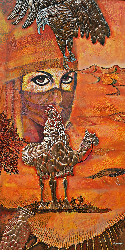 An acrylic painting titled "Eyes of the Desert" by Ravindran Valappad features the face of a woman wearing a hijab, an Arab riding a camel, and a hawk flying in the sky. The artwork uses a mix of acrylic paint and copper plate, with predominant yellow and brown tones. The woman's eyes are striking and central to the piece, while the camel rider and hawk add dynamic elements to the desert landscape.